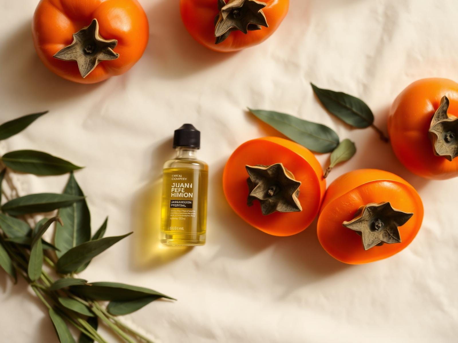 Fresh Japanese persimmons, green tea leaves, and botanical oil