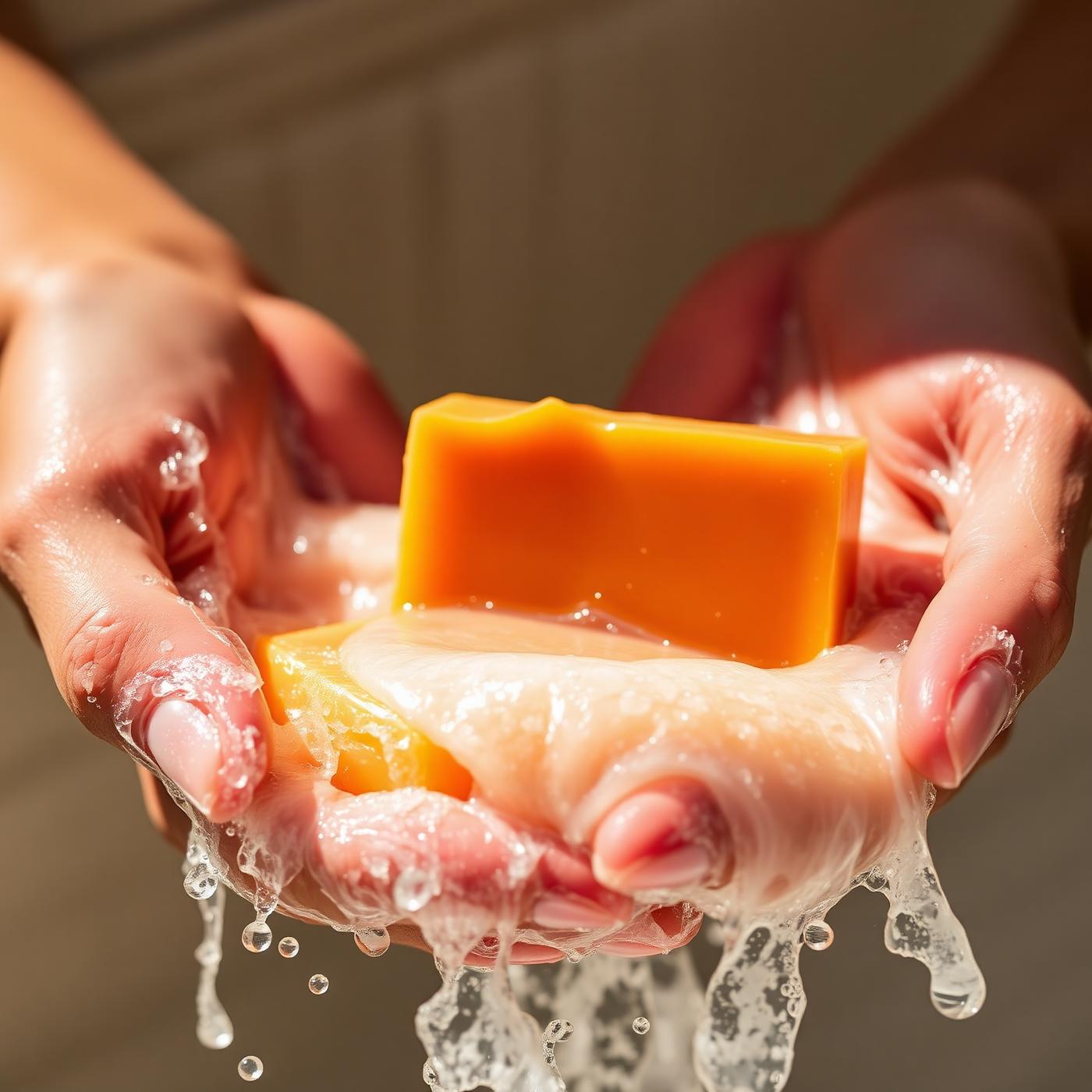 Rich creamy lather from Kakinoha soap in cupped hands